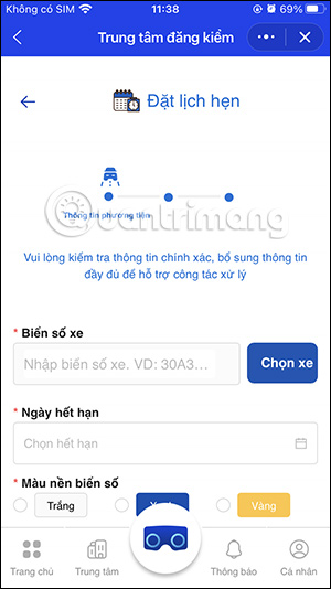 Giao diện điền phương tiện đăng kiểm