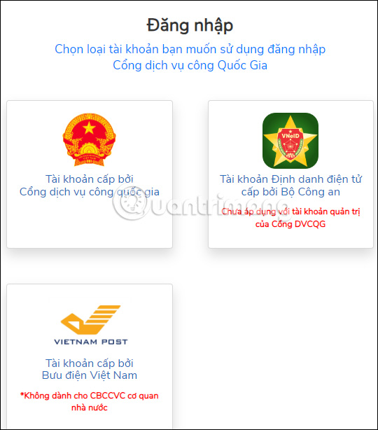 Chọn tài khoản Cổng dịch vụ công trực tuyến