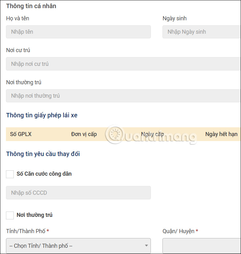 Điền thông tin người đổi GPLX