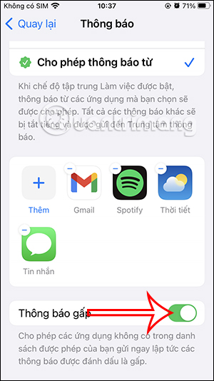 Thông báo gấp ứng dụng chế độ Tập trung iPhone