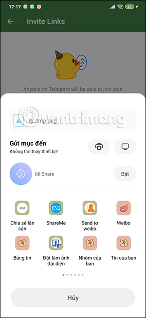 Chọn ứng dụng chia sẻ mã nhóm chat Telegram