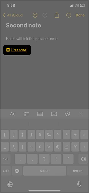 Chèn liên kết ghi chú trong ghi chú iPhone 