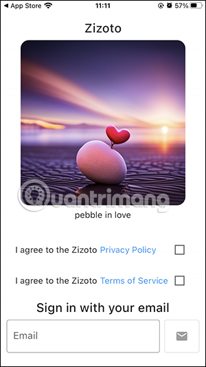 Điền email cá nhân dùng Zizoto