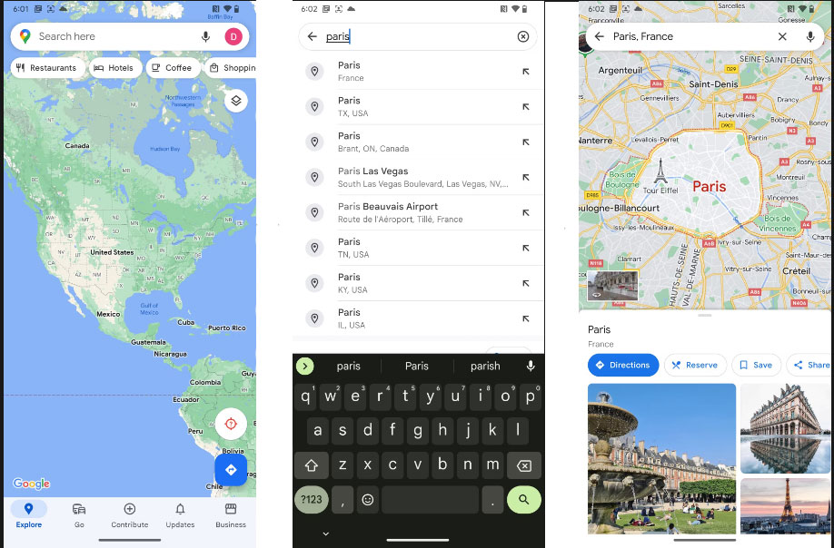 Ứng dụng bản đồ Google hiển thị địa điểm Paris ở Pháp