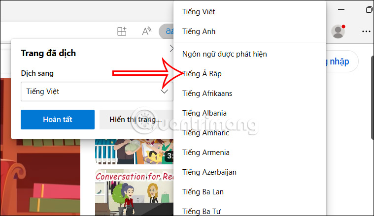 Chọn ngôn ngữ dịch trên Edge 