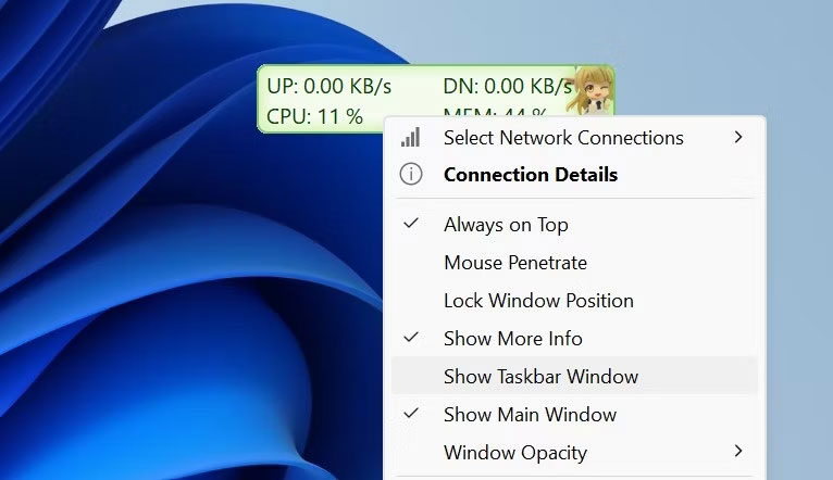 Nhấp vào tùy chọn Show Taskbar Window để hiển thị tốc độ Internet trên thanh tác vụ trong Windows