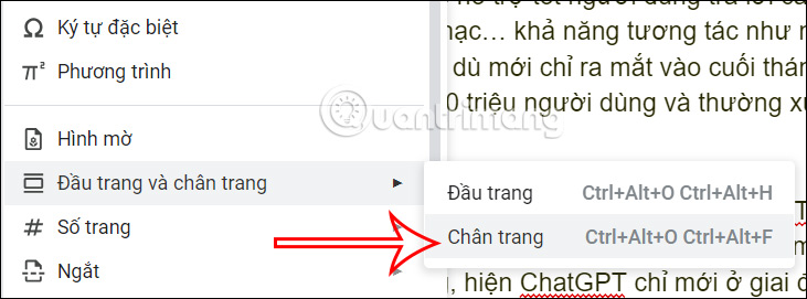 Chọn chèn nội dung chân trang Google Docs 