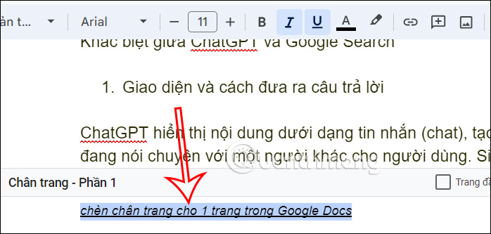 Chỉnh định dạng nội dung footer 1 trang Google Docs