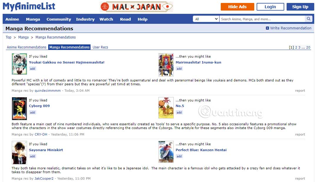 Tab gợi ý trên MyAnimeList