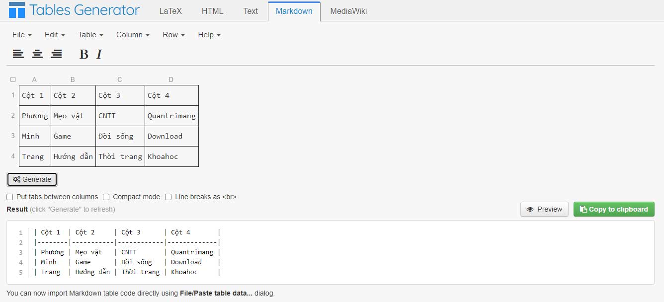 Trình tạo bảng Markdown