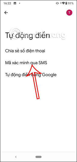 Thiết lập điền mã xác minh từ SMS