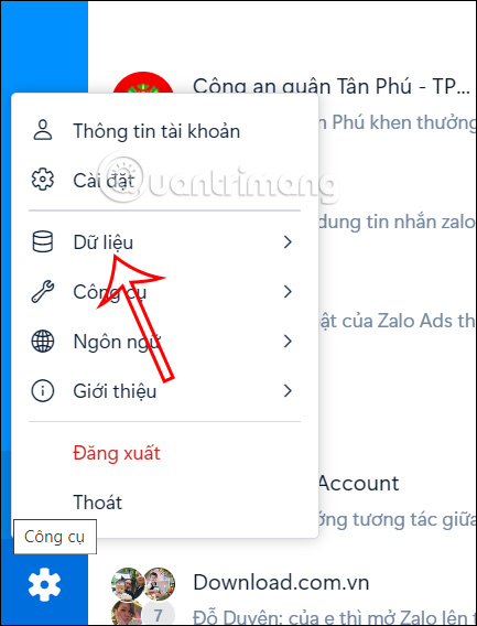 Xuất dữ liệu trên Zalo