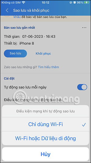 Chọn WiFi sao lưu tự động Zalo