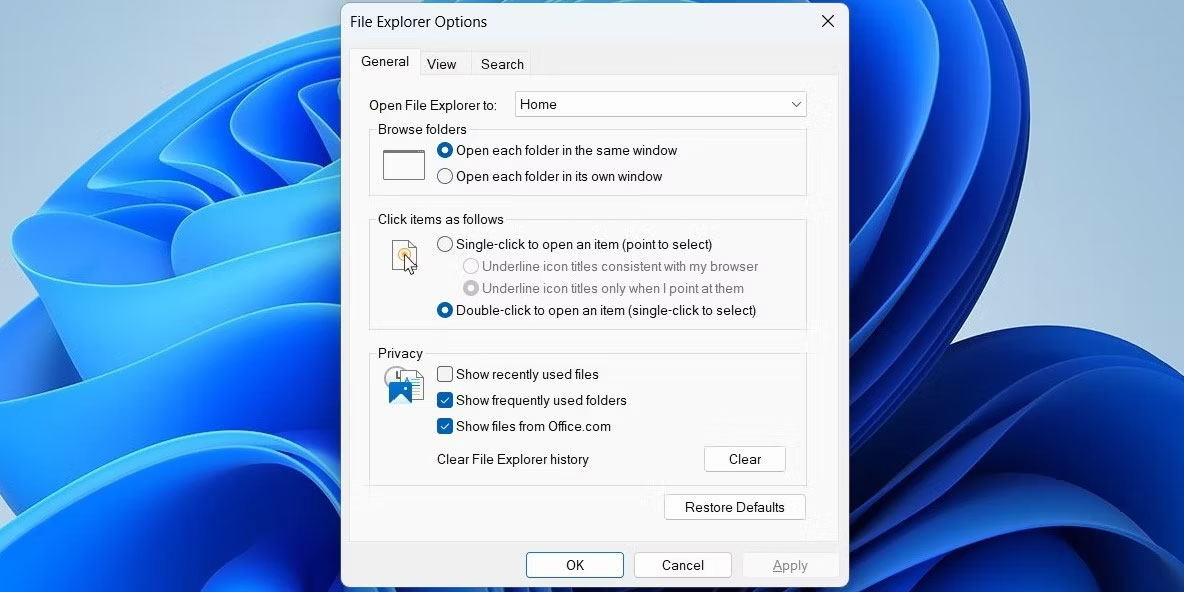 Cửa sổ tùy chọn File Explorer