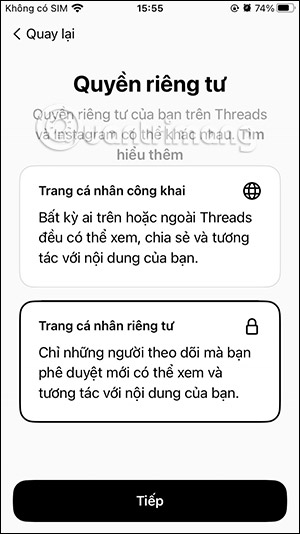 Chọn loại tài khoản Threads