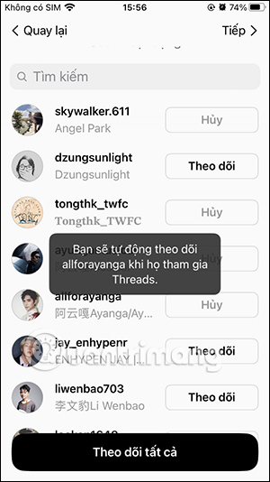 Theo dõi tài khoản Threads