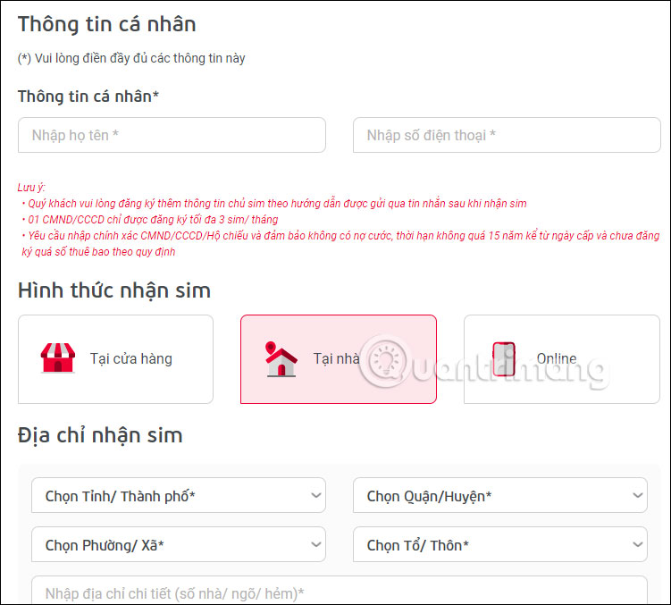 Điền thông tin người mua sim Viettel
