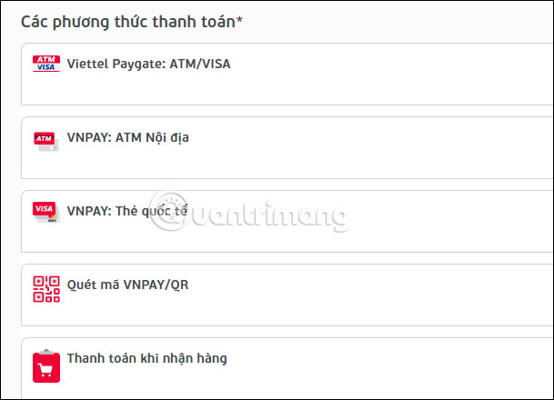 Chọn phương thức thanh toán mua sim Viettel