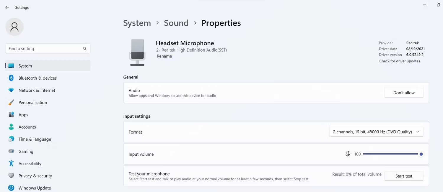 Kiểm tra micro headset trong cửa sổ thuộc tính âm thanh