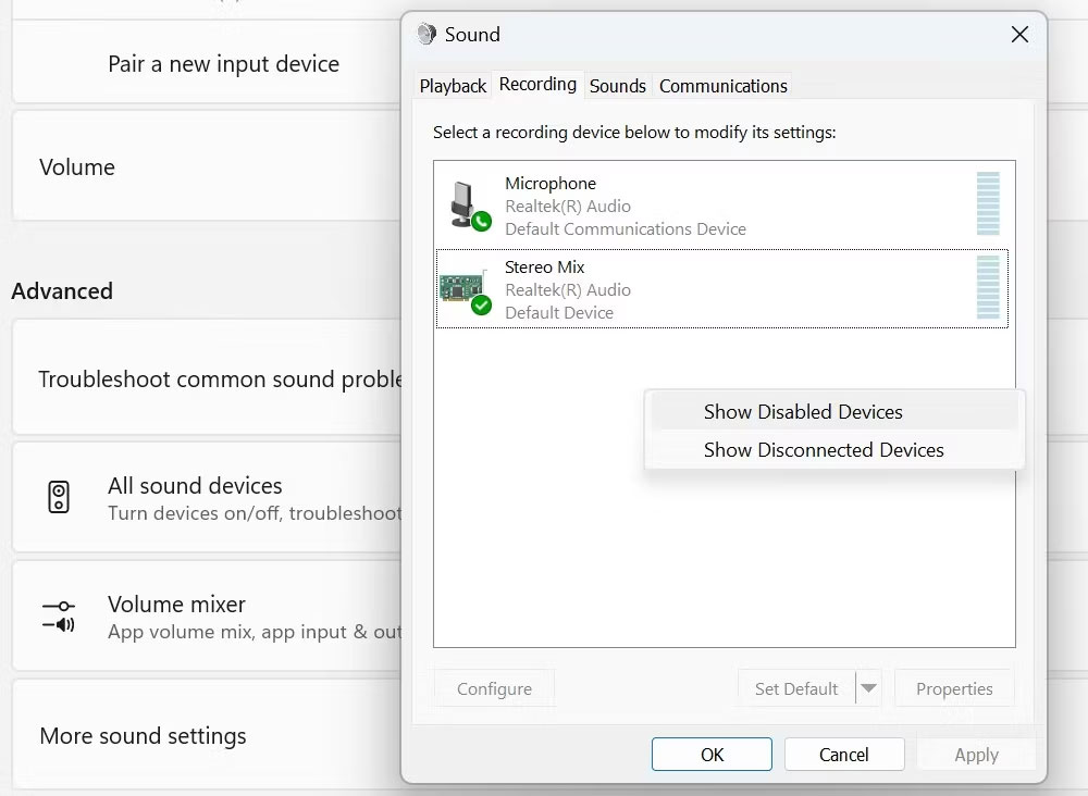 Nhấp vào Show Disabled Devices bằng cách nhấp chuột phải trong tab Recording 