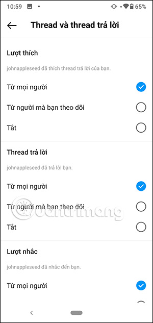 Chỉnh thông báo bài đăng trên Threads