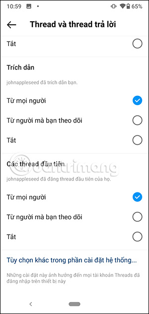 Chọn thông báo trả lời Threads