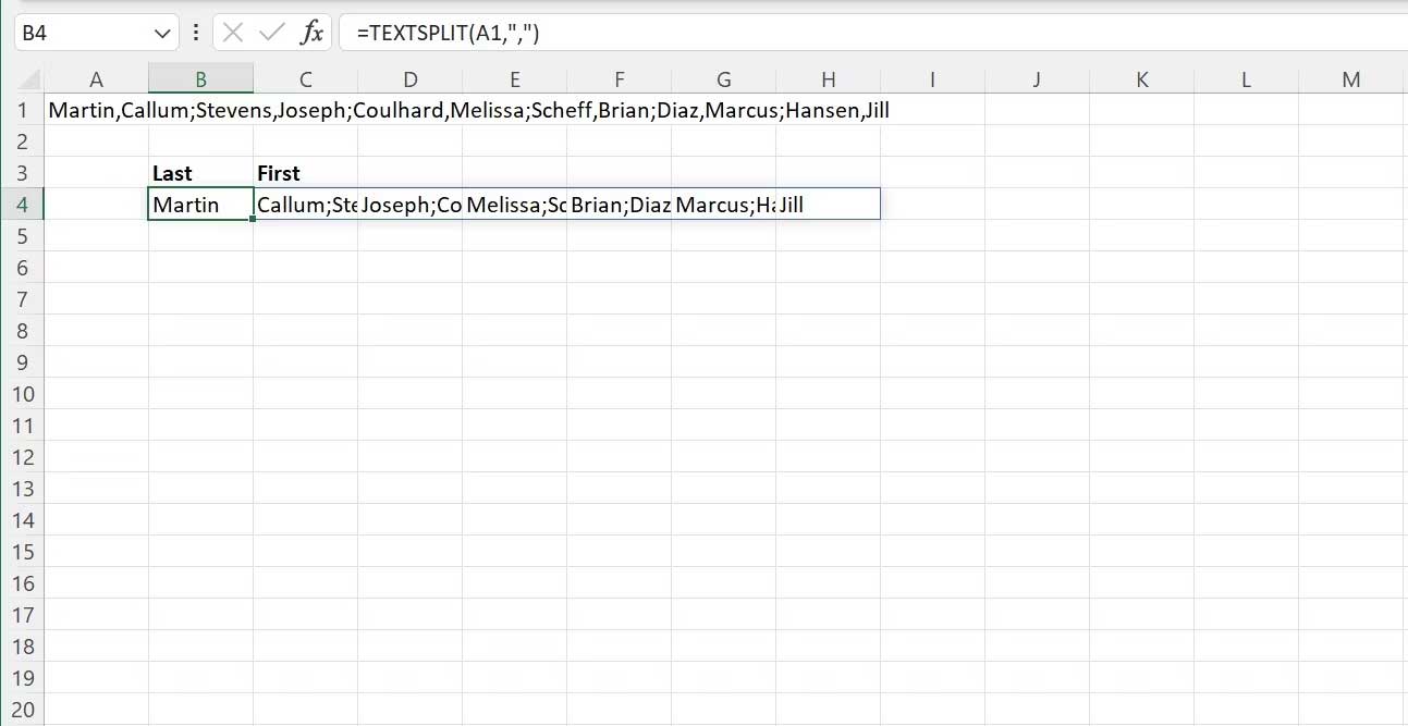 Kết quả dùng hàm TEXTSPLIT trong Excel