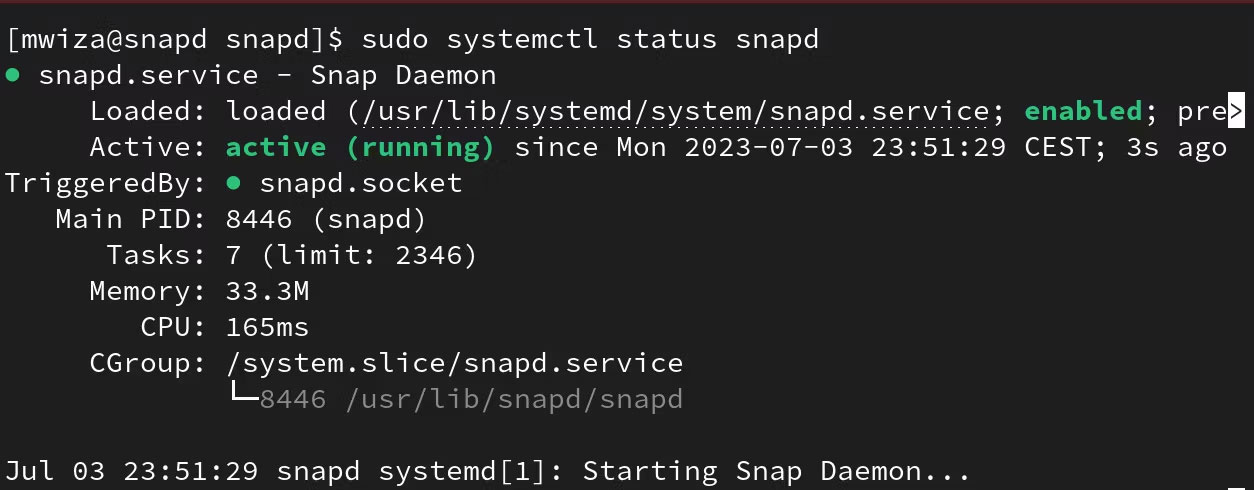 Trạng thái service snapd trên Arch Linux