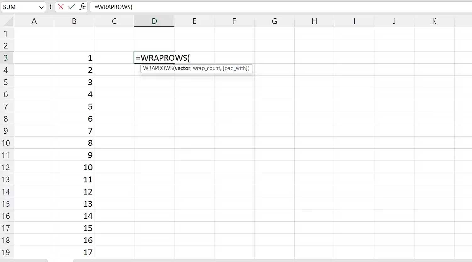 Nhập công thức wraprow vào ô Excel