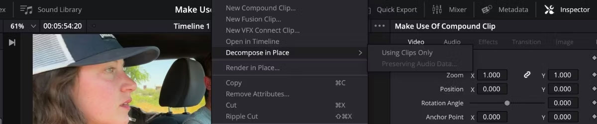 Tùy chọn Decompose in Place của DaVinci Resolve