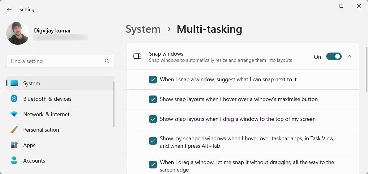 Bật Snap windows trong Multi - tasking