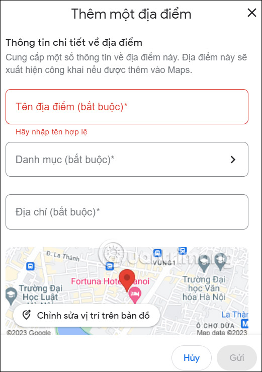 Giao diện điền thông tin địa điểm