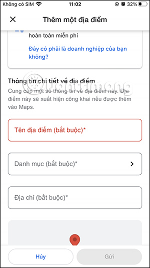 Giao diện điền thông tin cho địa điểm