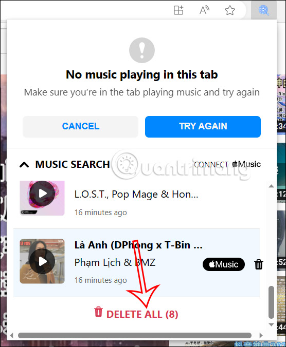 Xóa lịch sử tìm nhạc trên Music Search