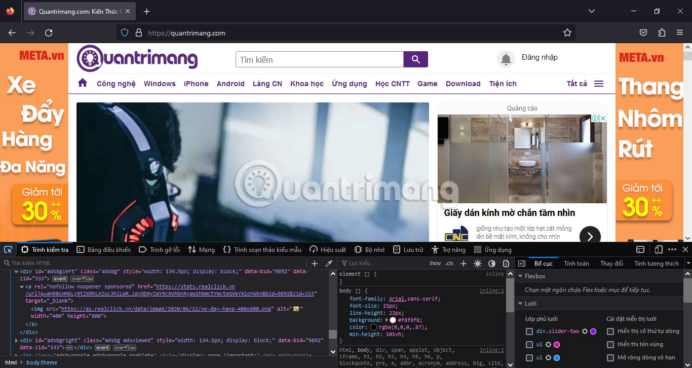 Mở Web Developer Tools