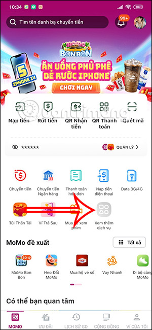 Xem các dịch vụ trên MoMo