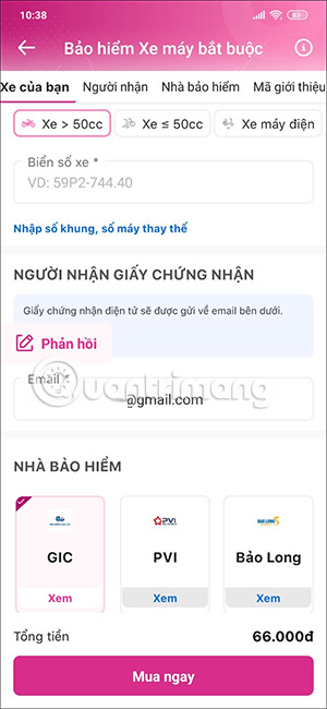 Điền thông tin mua bảo hiểm xe máy