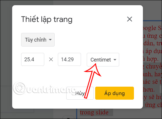 Đổi đơn vị kích thước trang Google Slides