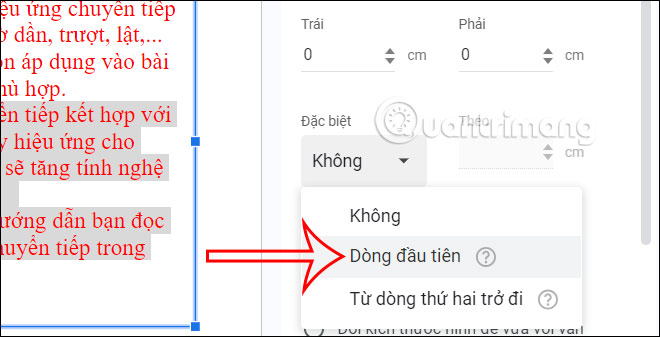 Chỉnh lề dòng đầu tiên trong Google Slides
