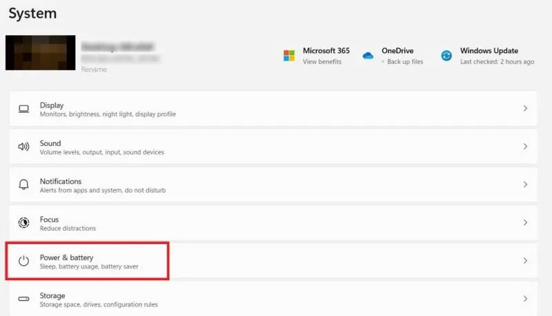 Nhấp vào tùy chọn Power & battery trong Windows Settings.