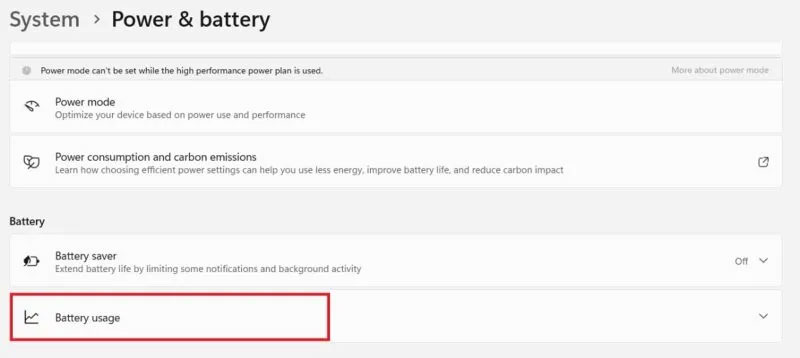 Nhấp vào "Battery Usage" trong "Power & battery".