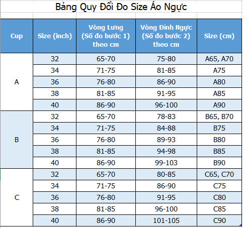 Standard Bra Size Chart in Vietnam
