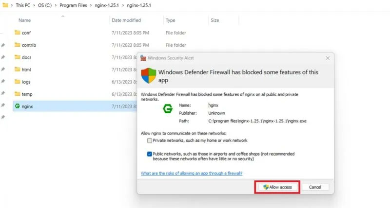 Tường lửa Windows Defender đã chặn ứng dụng Nginx. Nhấp vào Allow access để chạy nó.
