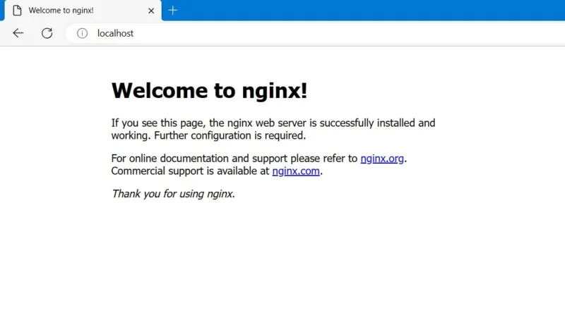 Trình duyệt Edge trong Windows đang hiển thị script mặc định của Nginx sau khi nhập 'localhost' trên thanh địa chỉ.
