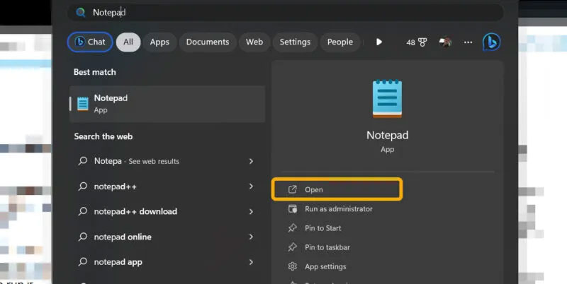 Nhập 'Notepad' trong Windows Search.