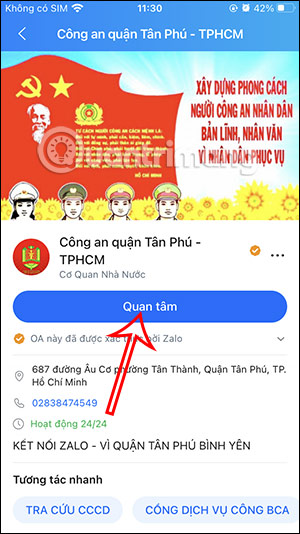 Quan tâm tài khoản Zalo OA