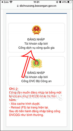 Đăng nhập tài khoản Cổng dịch vụ công quốc gia