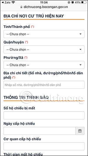 Điền thông tin người báo mất hộ chiếu
