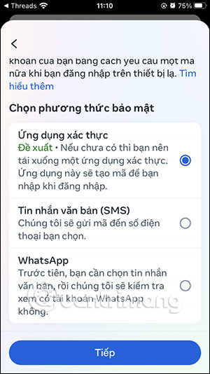 Chọn phương thức xác thực 2 lớp Threads