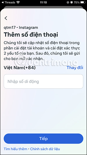 Điền số điện thoại xác thực 2 lớp Threads
